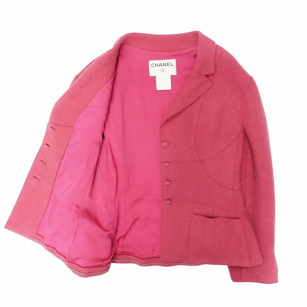 CHANEL Vintage 99A Wool Tweed Blazer Jacket Logo Plate Chain Pink Size 38
