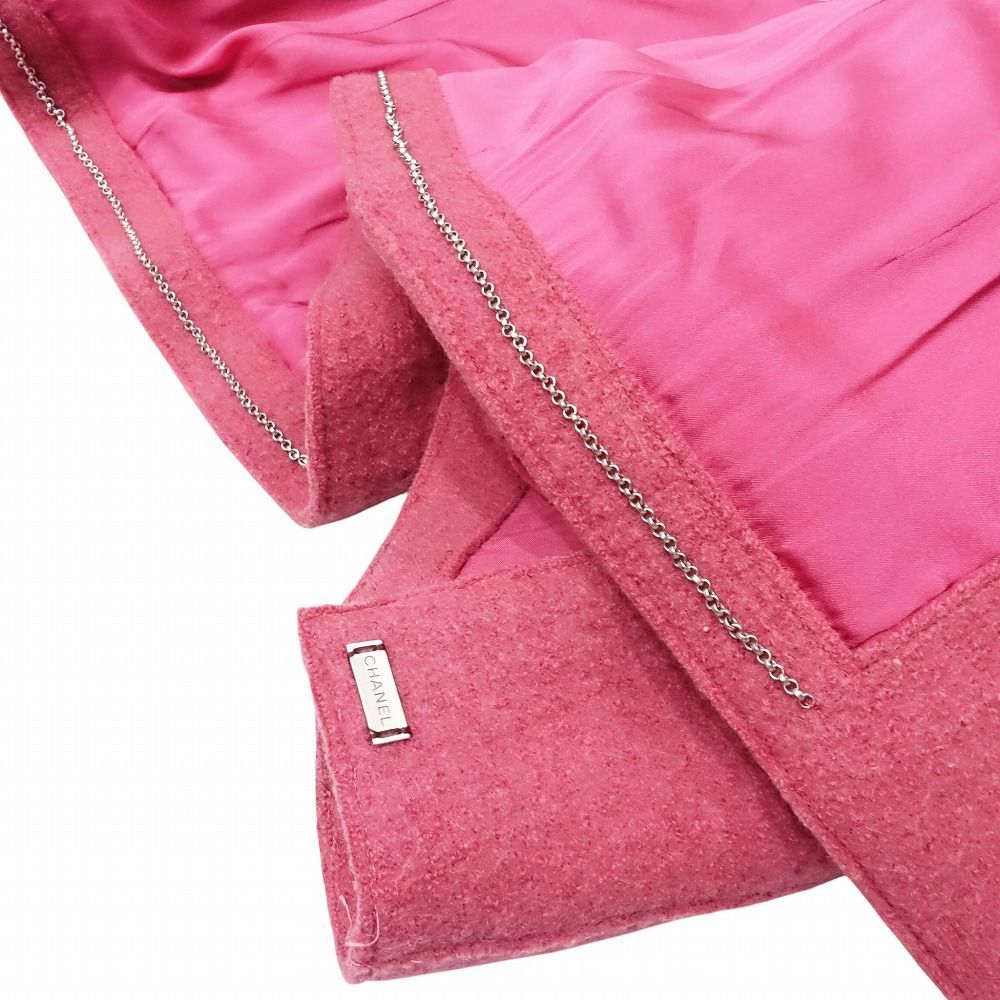CHANEL Vintage 99A Wool Tweed Blazer Jacket Logo Plate Chain Pink Size 38