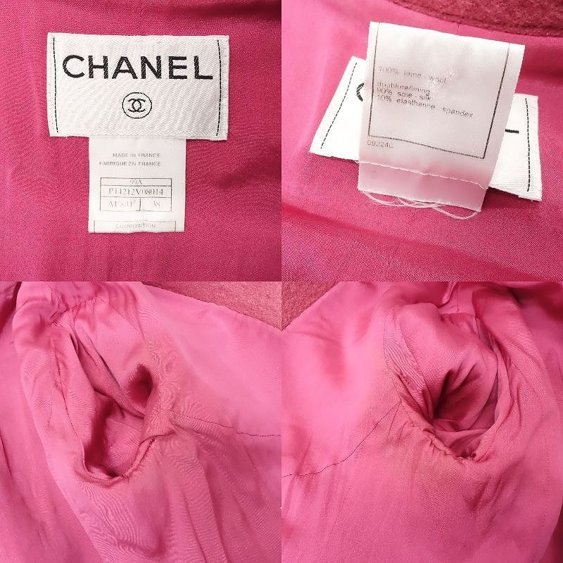 CHANEL Vintage 99A Wool Tweed Blazer Jacket Logo Plate Chain Pink Size 38