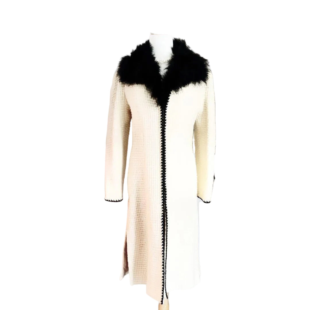 CHANEL Tweed Long Coat Bicolour Fur Collar Size 40