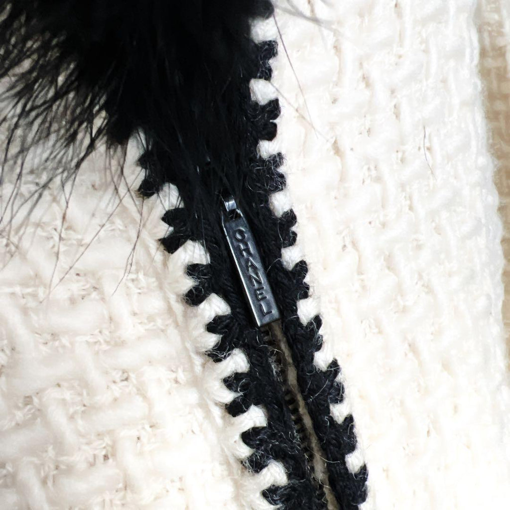CHANEL Tweed Long Coat Bicolour Fur Collar Size 40