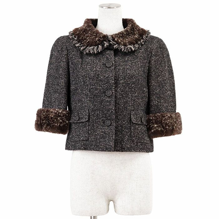 CHANEL 05A Tweed Jacket CC Logo Wool Herringbone Melange Rabbit Fur Shawl Collar Size 38