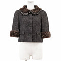 CHANEL 05A Tweed Jacket CC Logo Wool Herringbone Melange Rabbit Fur Shawl Collar Size 38
