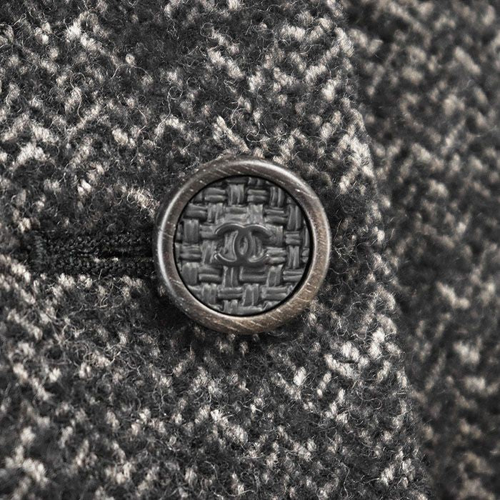 CHANEL 05A Tweed Jacket CC Logo Wool Herringbone Melange Rabbit Fur Shawl Collar Size 38