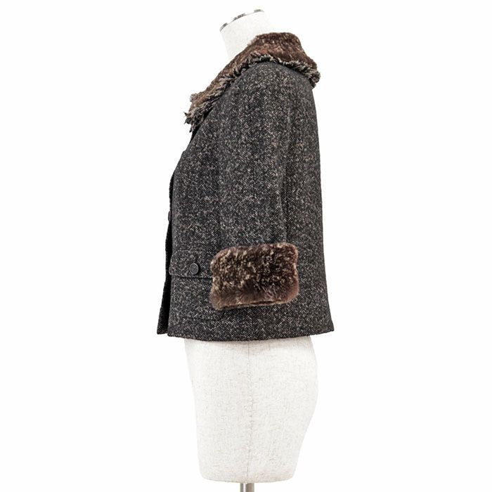 CHANEL 05A Tweed Jacket CC Logo Wool Herringbone Melange Rabbit Fur Shawl Collar Size 38