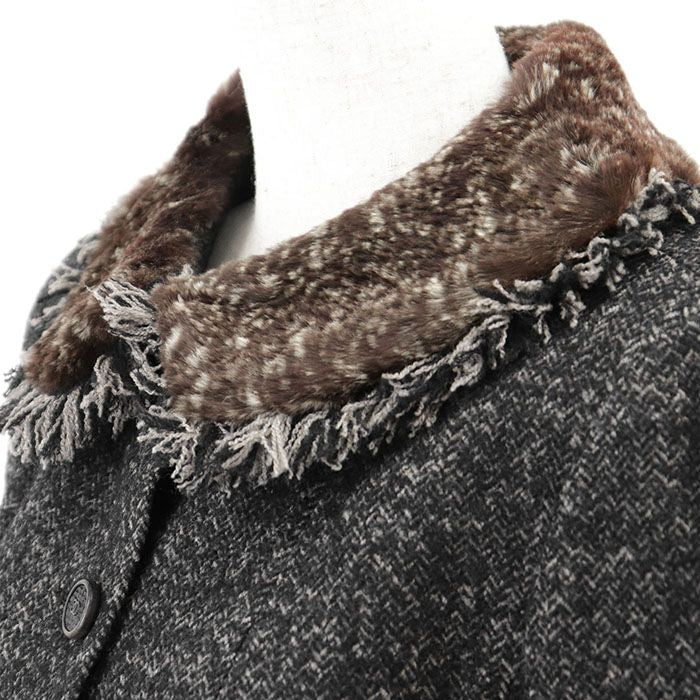 CHANEL 05A Tweed Jacket CC Logo Wool Herringbone Melange Rabbit Fur Shawl Collar Size 38