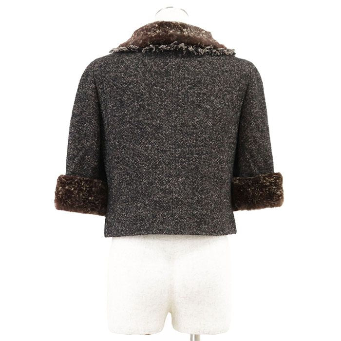 CHANEL 05A Tweed Jacket CC Logo Wool Herringbone Melange Rabbit Fur Shawl Collar Size 38