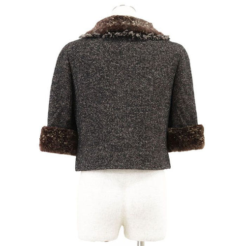 CHANEL 05A Tweed Jacket CC Logo Wool Herringbone Melange Rabbit Fur Shawl Collar Size 38