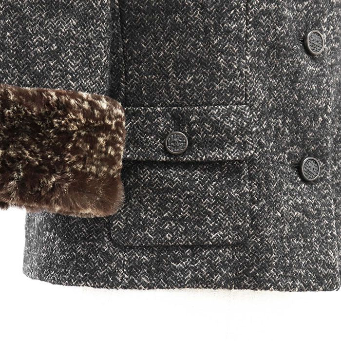 CHANEL 05A Tweed Jacket CC Logo Wool Herringbone Melange Rabbit Fur Shawl Collar Size 38