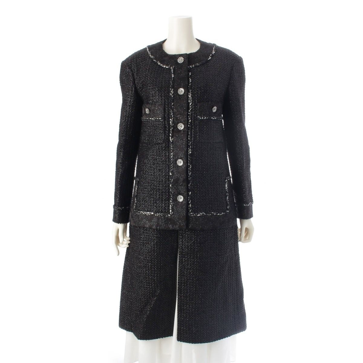 CHANEL 22AW P73114 Tweed Coco Button No-Collar Jacket Coat Black Size 36