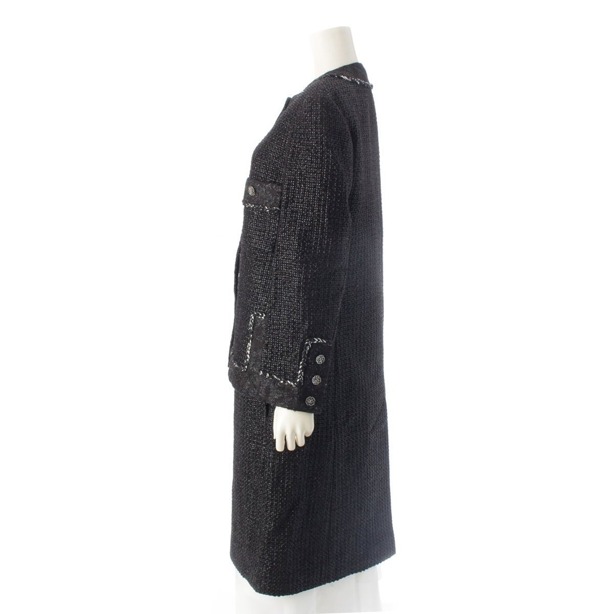 CHANEL 22AW P73114 Tweed Coco Button No-Collar Jacket Coat Black Size 36