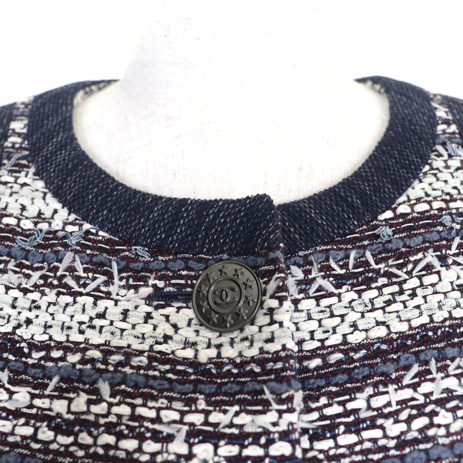 CHANEL P45580V33648 Cotton Silk Lining Coco Mark Button Tweed No-Collar Jacket Multi Size 40