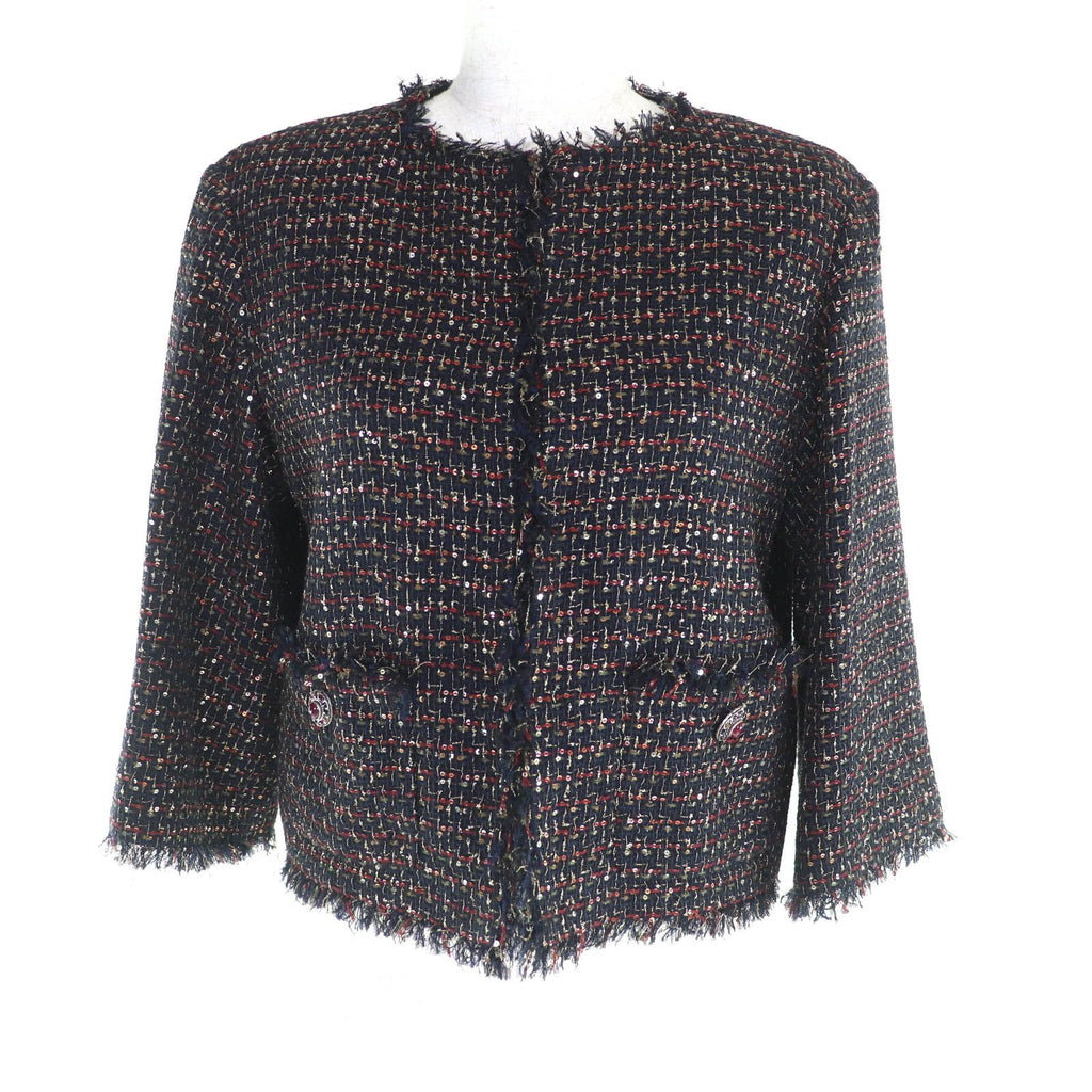 CHANEL 12A P44038 Jewel Button Sequin Tweed No-Collar Jacket Multi Size 34