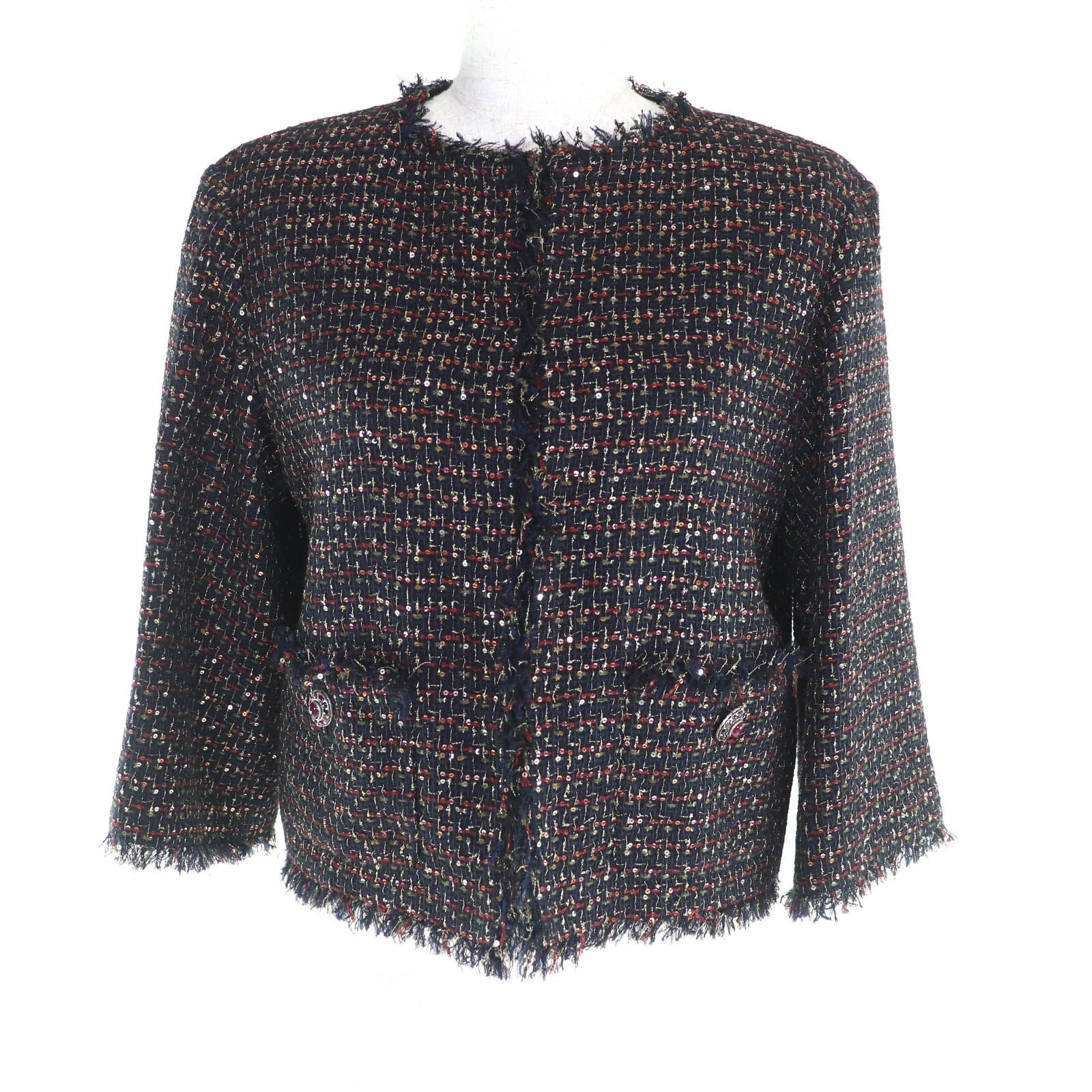 CHANEL 12A P44038 Jewel Button Sequin Tweed No-Collar Jacket Multi Size 34