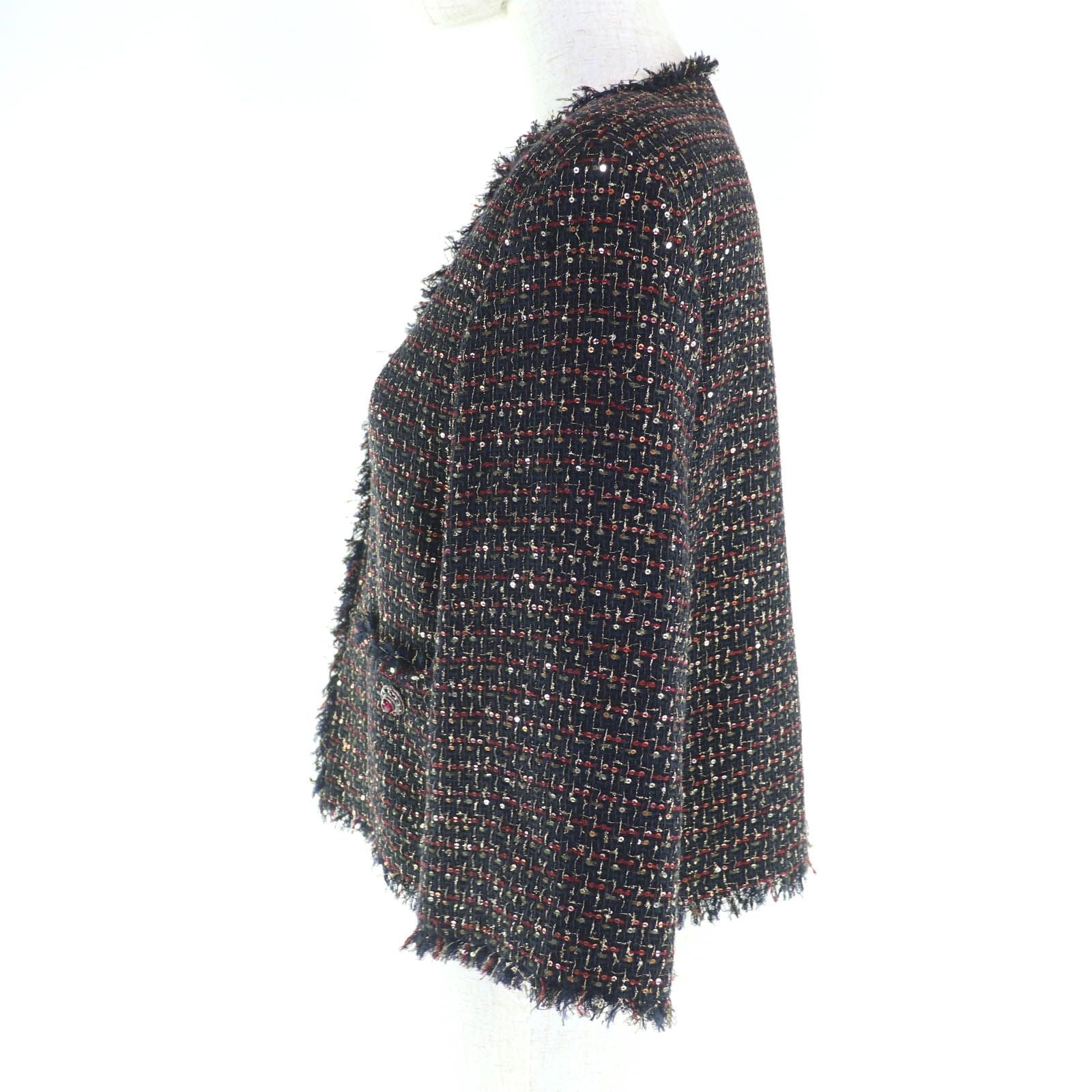 CHANEL 12A P44038 Jewel Button Sequin Tweed No-Collar Jacket Multi Size 34