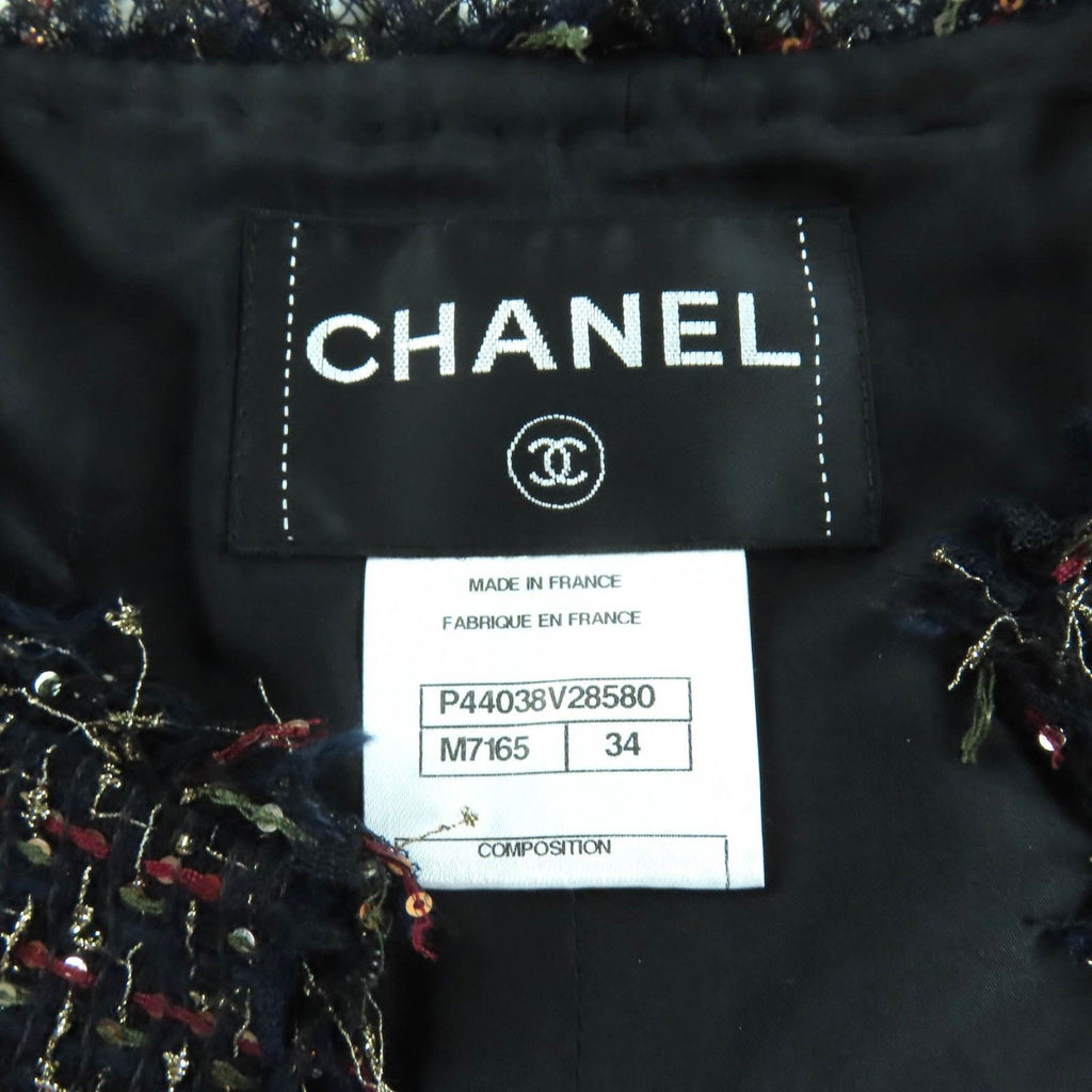 CHANEL 12A P44038 Jewel Button Sequin Tweed No-Collar Jacket Multi Size 34