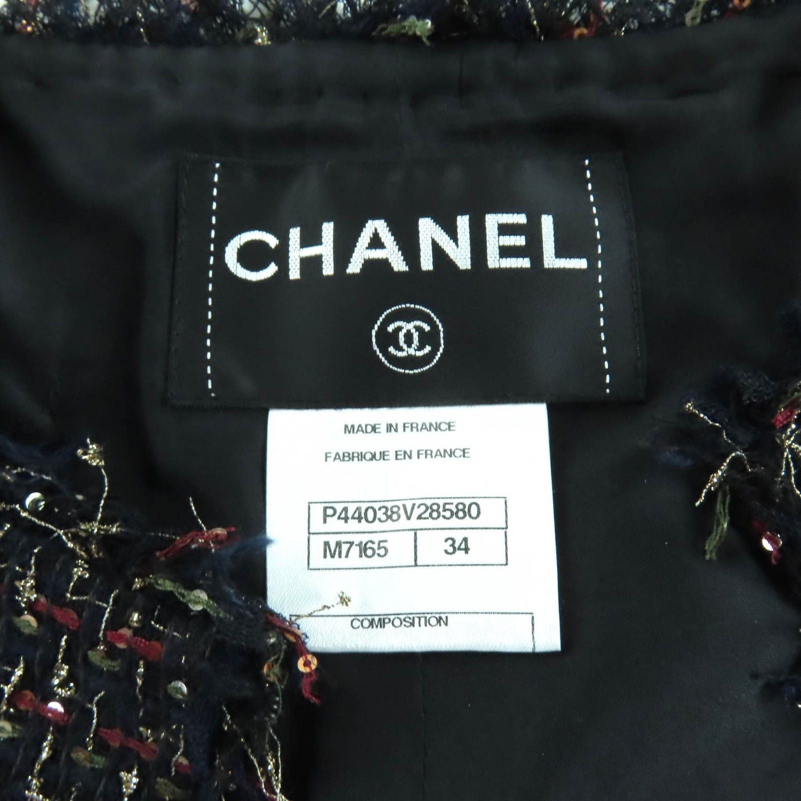 CHANEL 12A P44038 Jewel Button Sequin Tweed No-Collar Jacket Multi Size 34