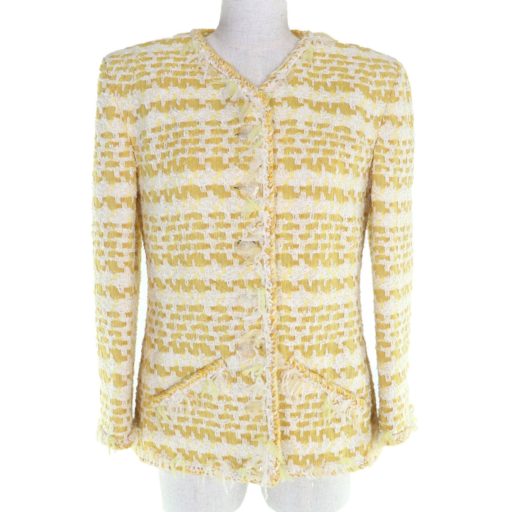 CHANEL 18S P58787 Cotton Wool Coco Mark Clear Button Tweed No-Collar Jacket Yellow Size 36