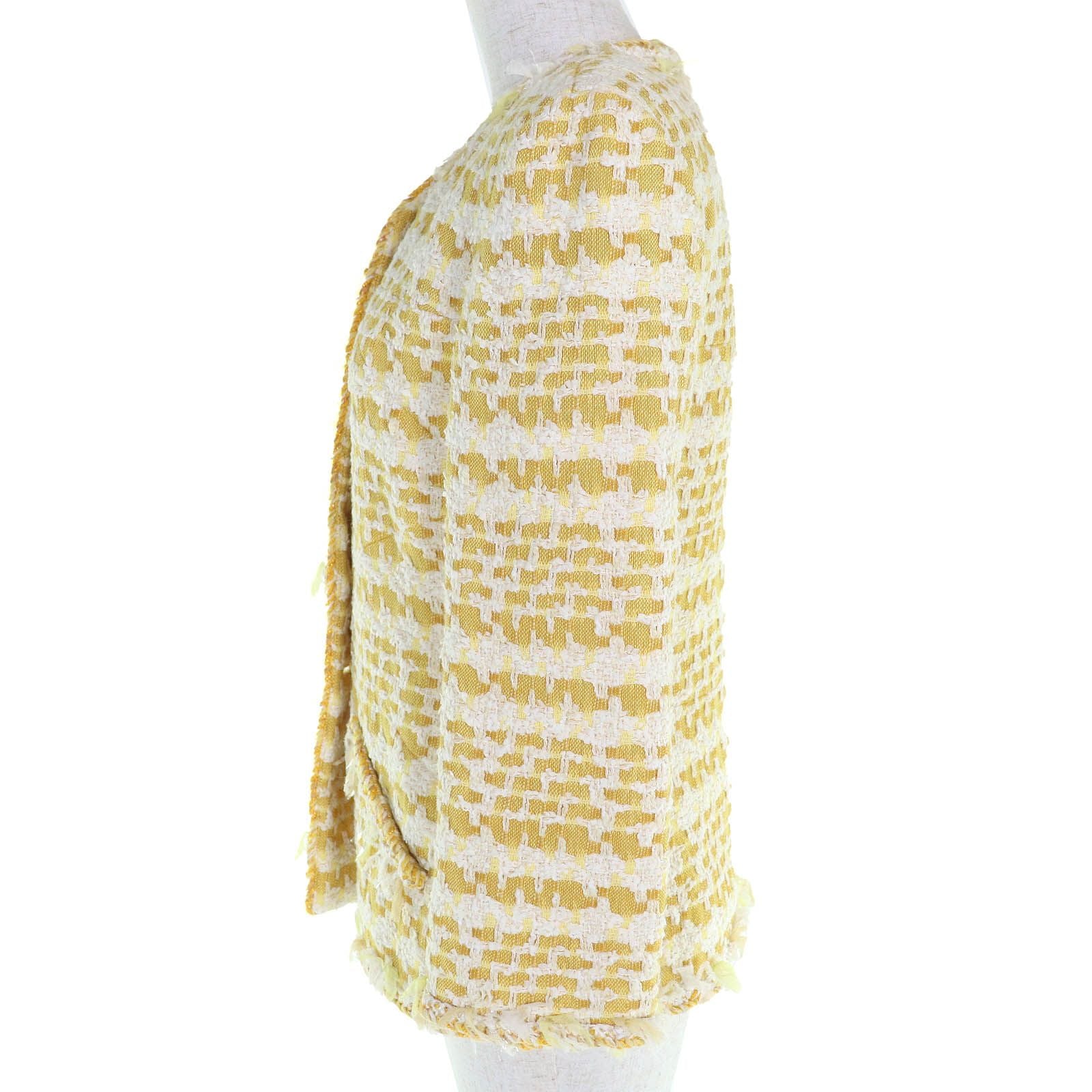 CHANEL 18S P58787 Cotton Wool Coco Mark Clear Button Tweed No-Collar Jacket Yellow Size 36