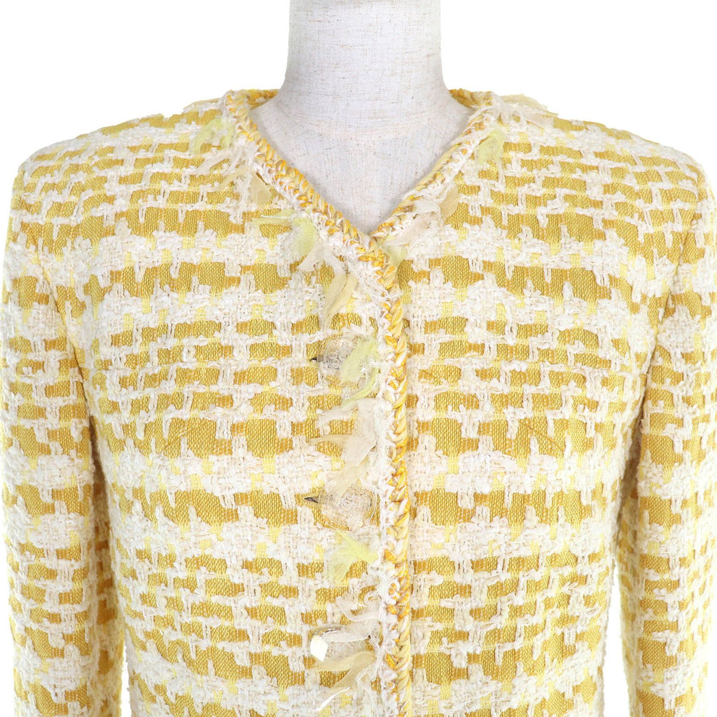 CHANEL 18S P58787 Cotton Wool Coco Mark Clear Button Tweed No-Collar Jacket Yellow Size 36