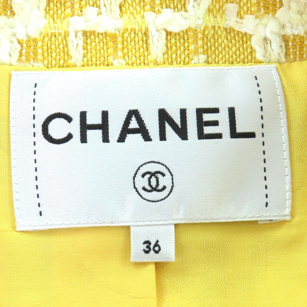 CHANEL 18S P58787 Cotton Wool Coco Mark Clear Button Tweed No-Collar Jacket Yellow Size 36