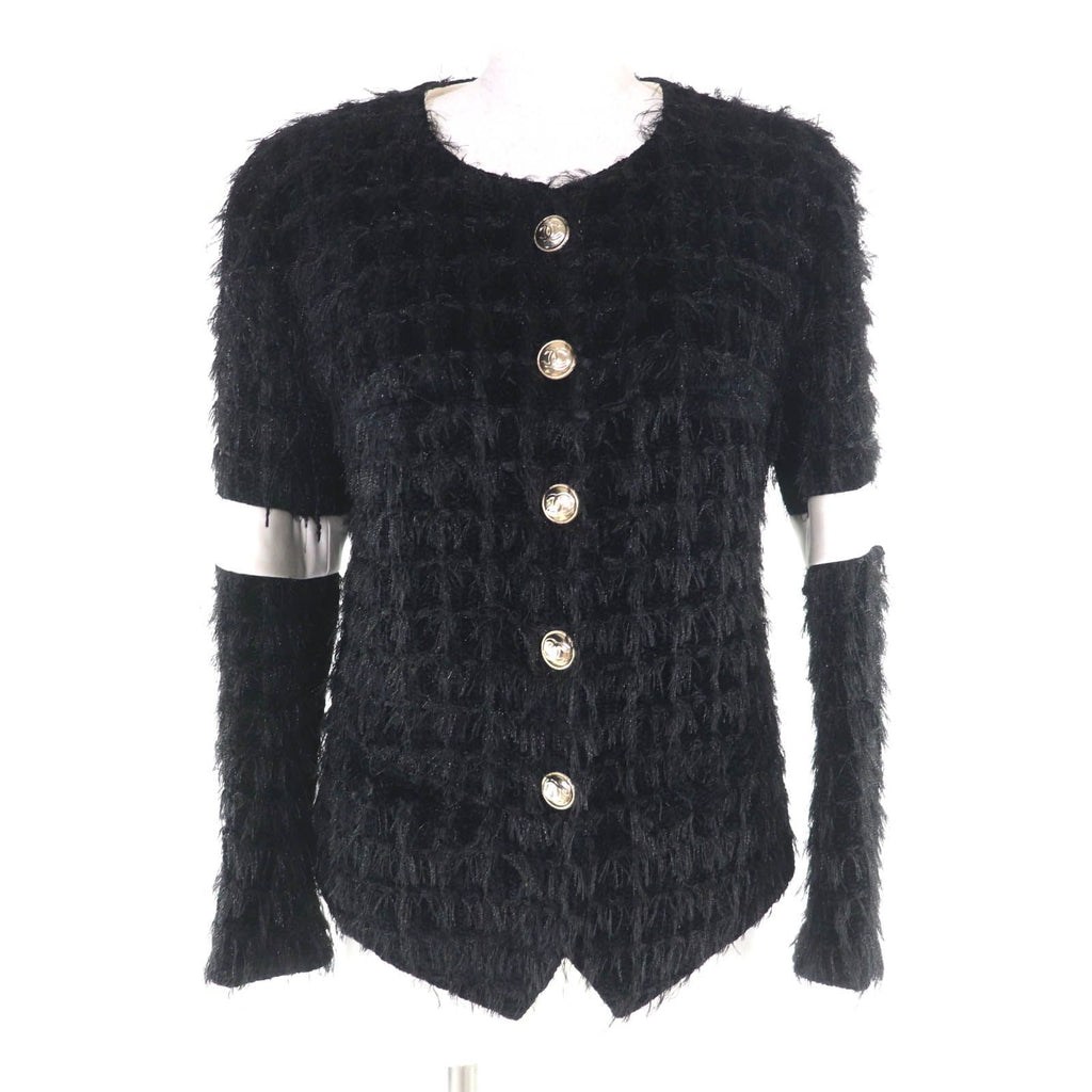 CHANEL P65274V61200 Silk Lining Coco Mark Button Tweed No-Collar Jacket Black Size 36