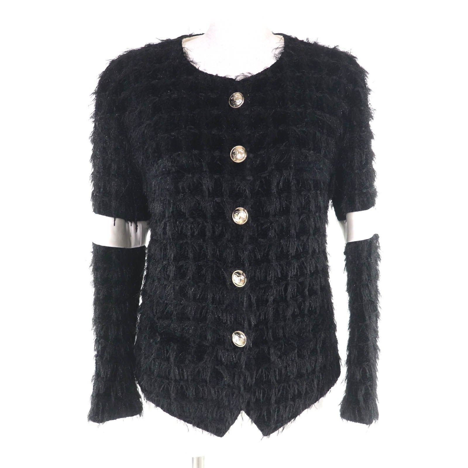CHANEL P65274V61200 Silk Lining Coco Mark Button Tweed No-Collar Jacket Black Size 36