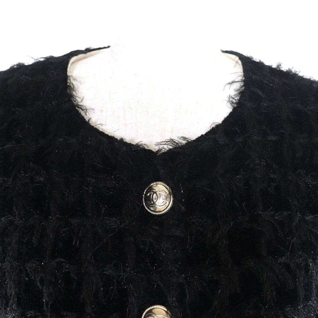 CHANEL P65274V61200 Silk Lining Coco Mark Button Tweed No-Collar Jacket Black Size 36