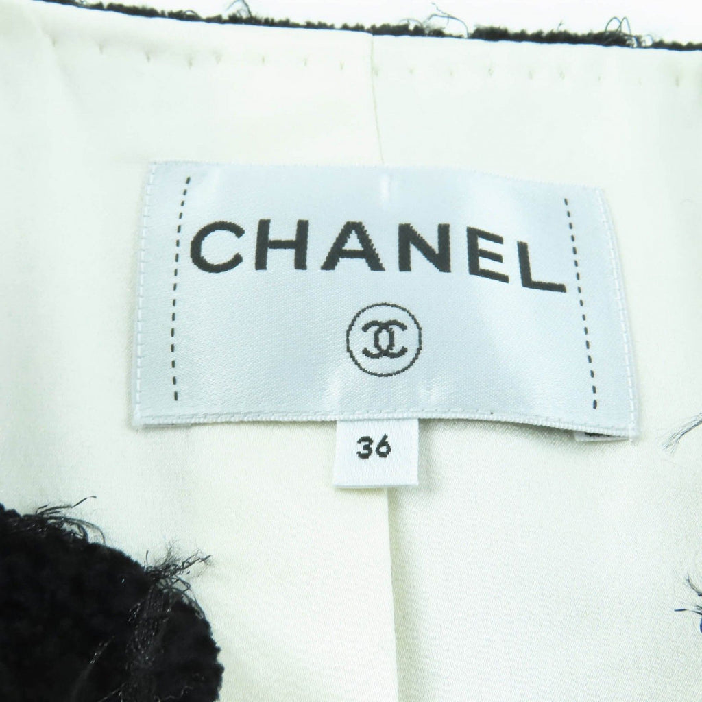 CHANEL P65274V61200 Silk Lining Coco Mark Button Tweed No-Collar Jacket Black Size 36