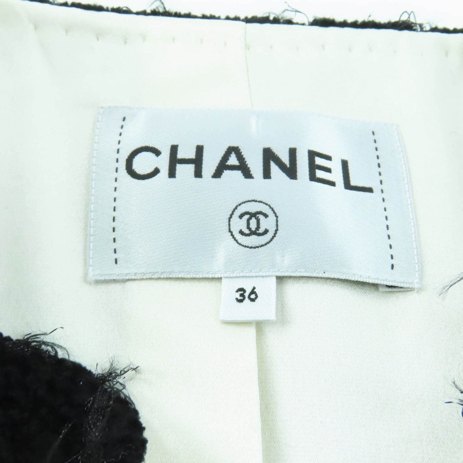 CHANEL P65274V61200 Silk Lining Coco Mark Button Tweed No-Collar Jacket Black Size 36