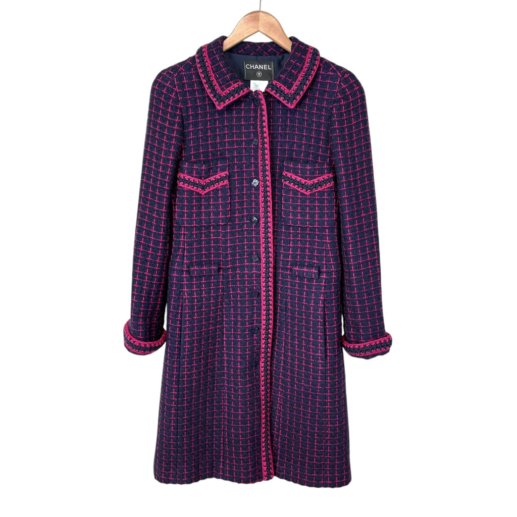 Chanel Logo Button Alpaca Mohair Wool Tweed Long Coat Navy/Pink