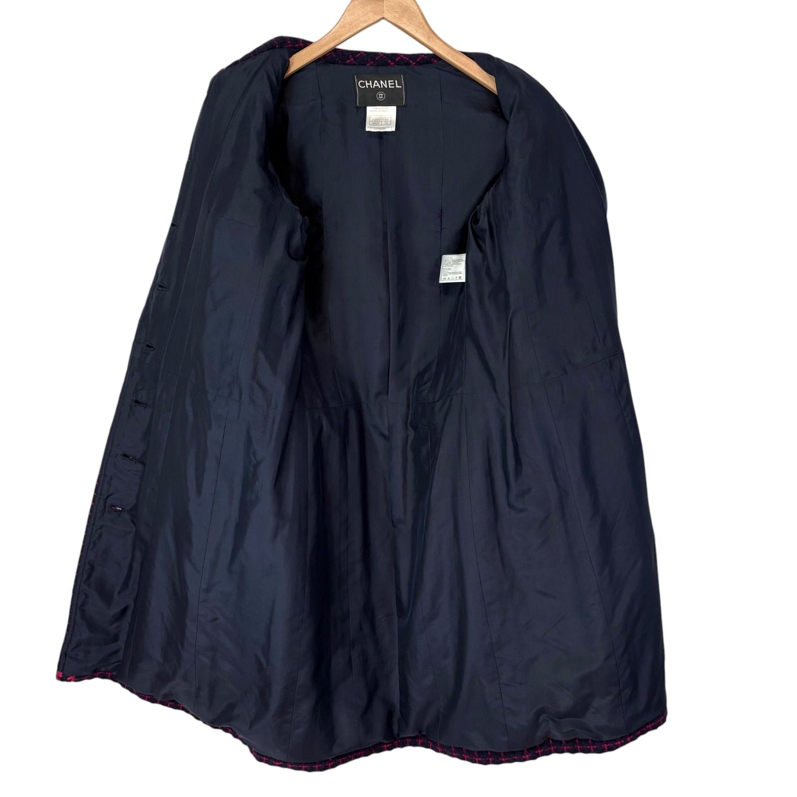 Chanel Logo Button Alpaca Mohair Wool Tweed Long Coat Navy/Pink