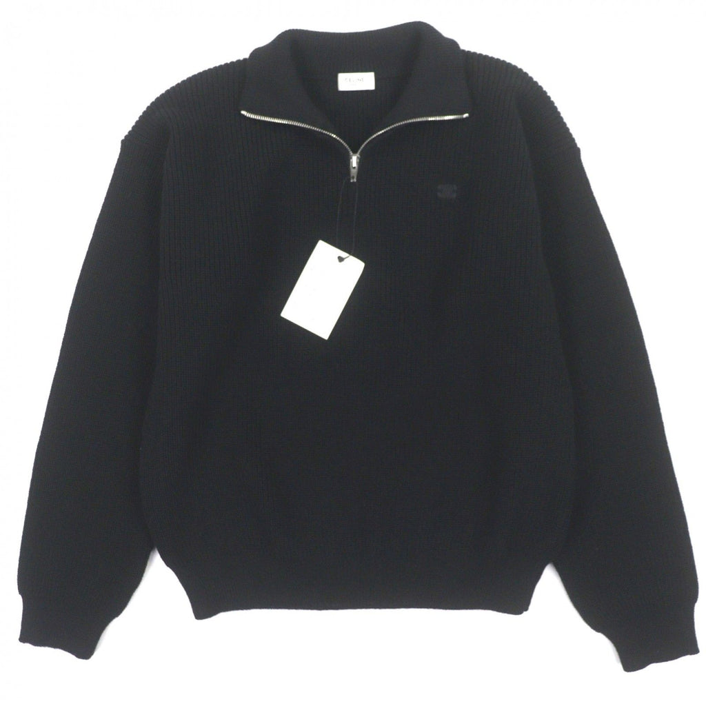 CELINE 25SS Triomphe Embroidery Half-Zip Tracker Knit Pullover Black M