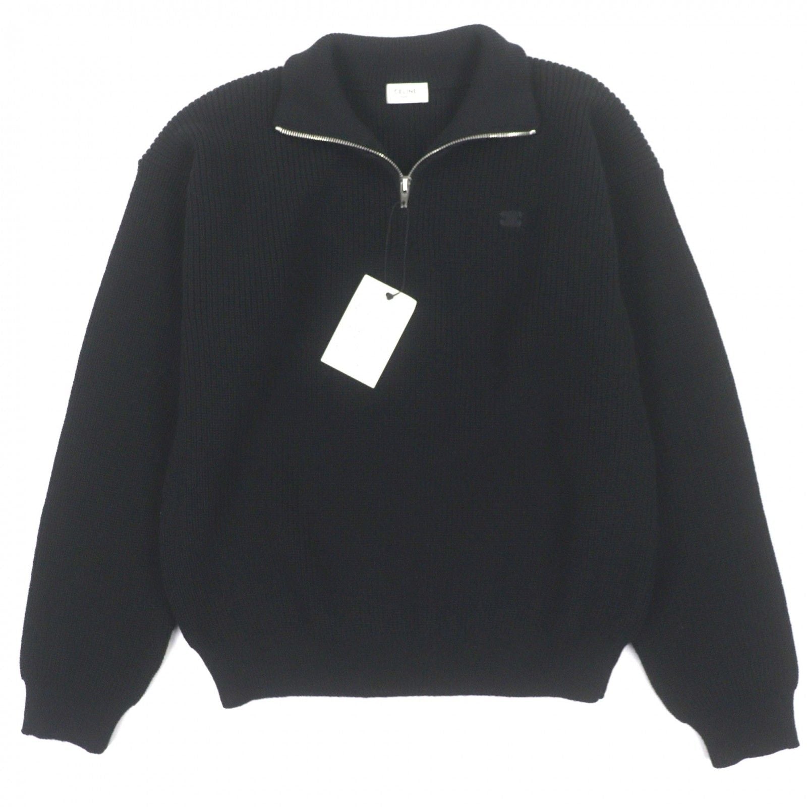CELINE 25SS Triomphe Embroidery Half-Zip Tracker Knit Pullover Black M