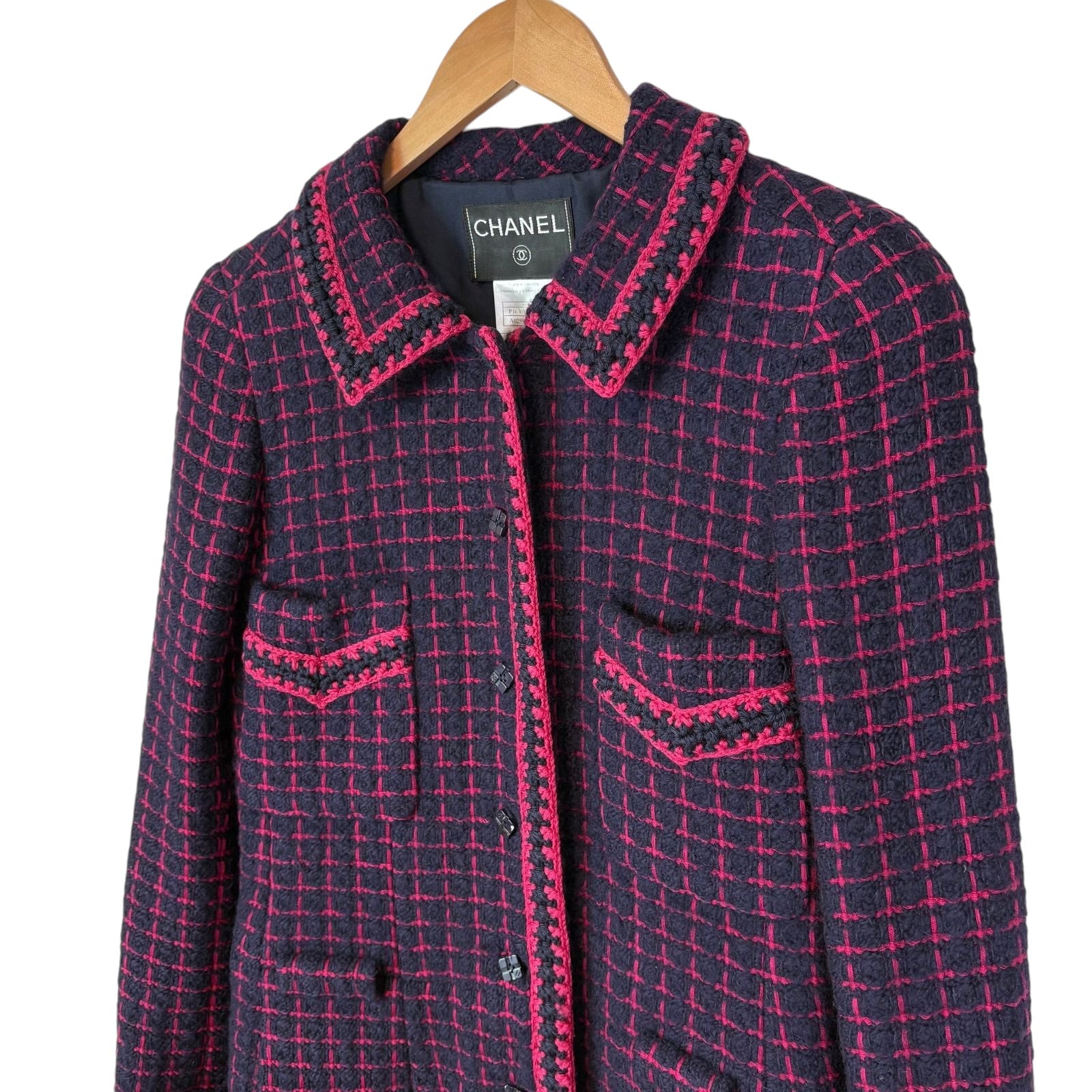 Chanel Logo Button Alpaca Mohair Wool Tweed Long Coat Navy/Pink