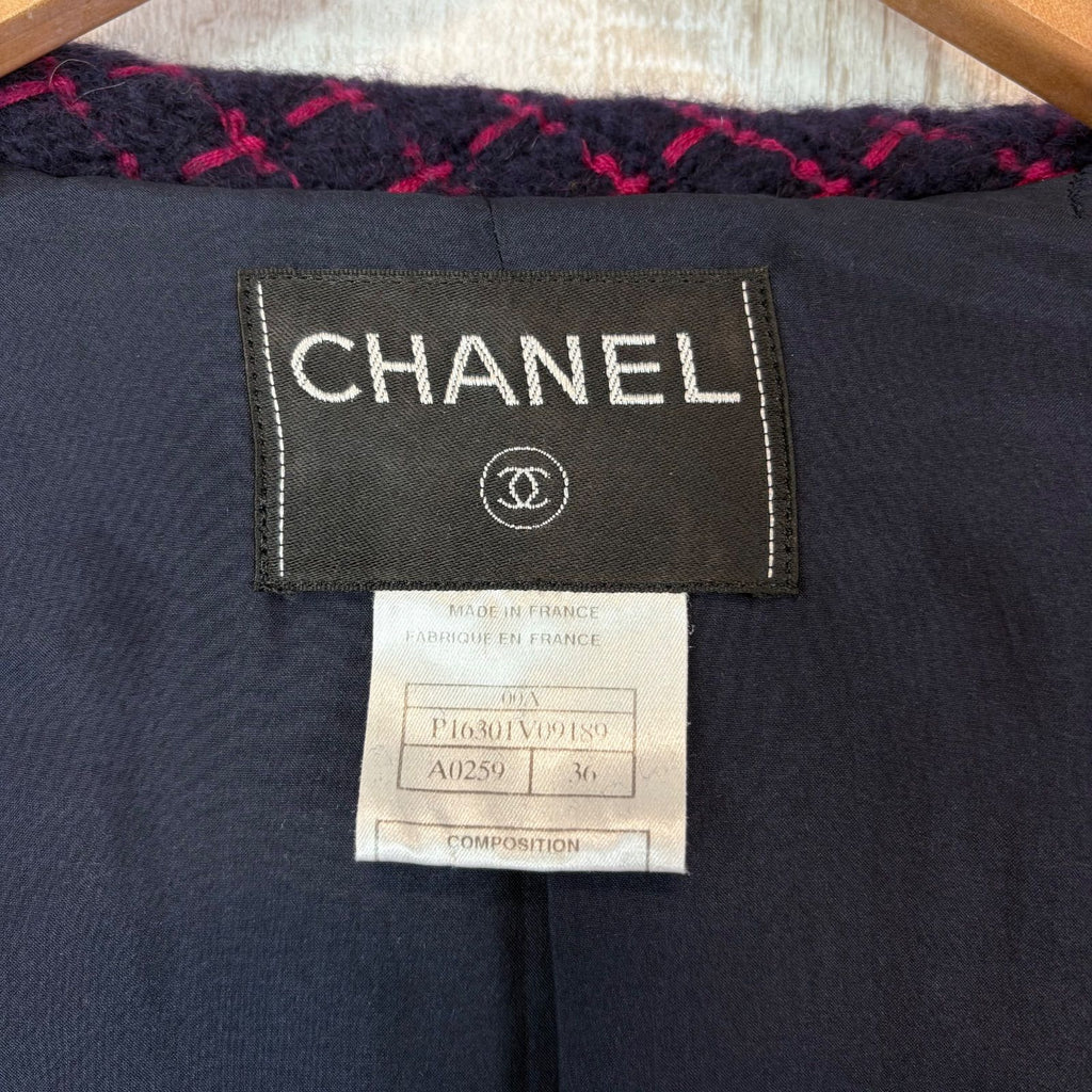 Chanel Logo Button Alpaca Mohair Wool Tweed Long Coat Navy/Pink
