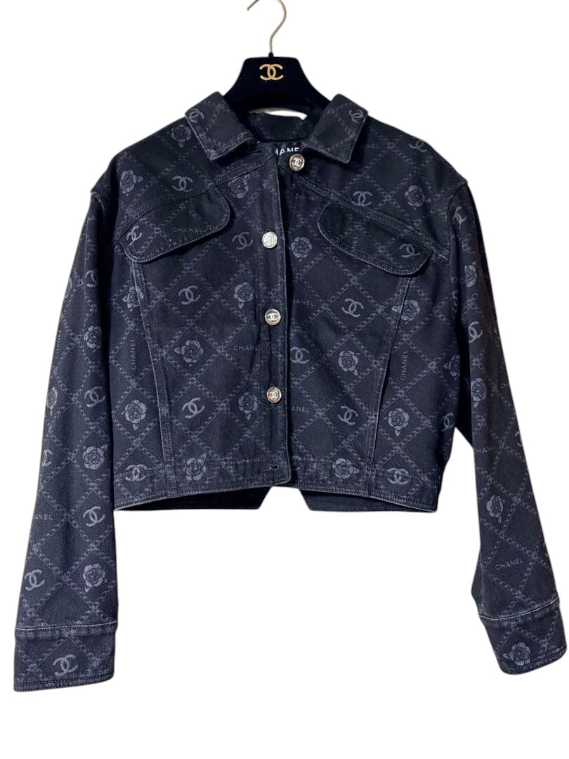 Chanel Denim Jacket Coco Mark All-Over Print Camellia Size 36
