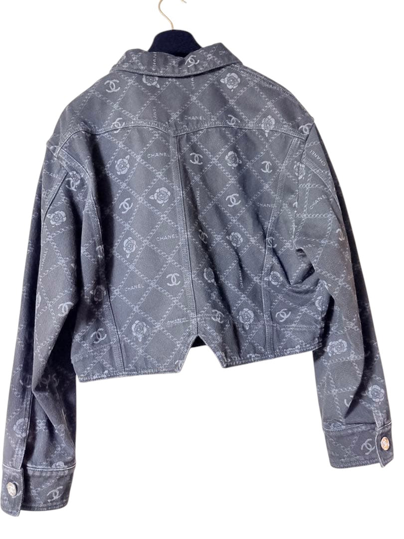 Chanel Denim Jacket Coco Mark All-Over Print Camellia Size 36