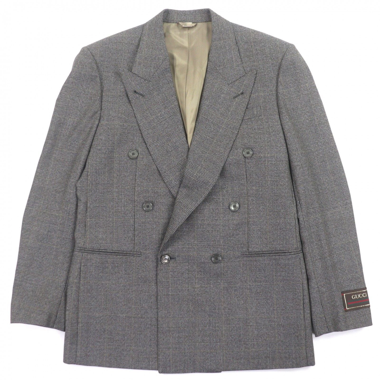 GUCCI 568762 Wool Check Double Breasted Tailored Jacket Brown Size 48