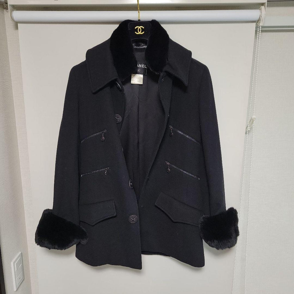 CHANEL Rabbit Fur Trim Cashmere Coat Size 38
