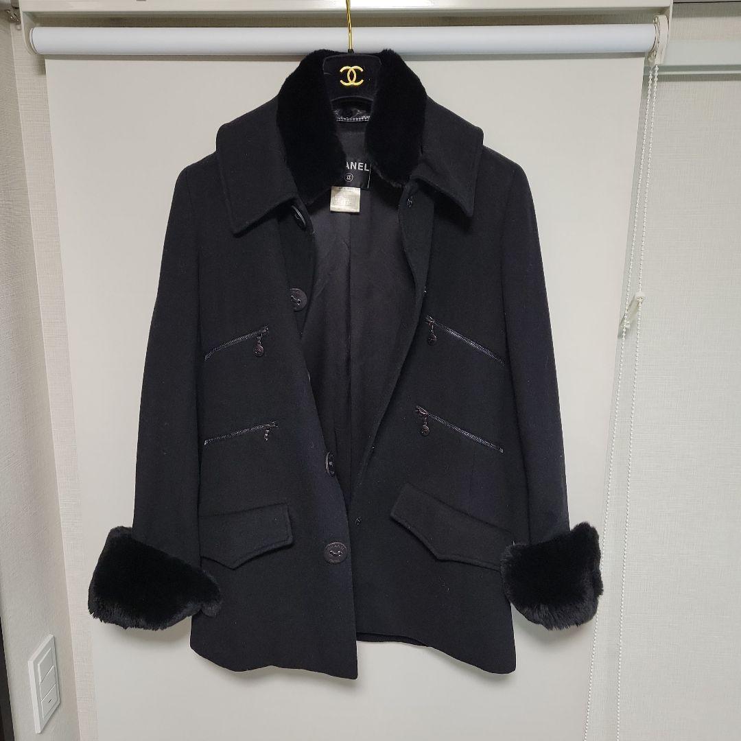 CHANEL Rabbit Fur Trim Cashmere Coat Size 38