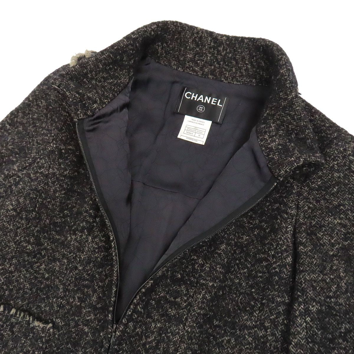 Chanel Coco Mark Tweed Zip-Up Coat Camellia P26810V16966 Size 36