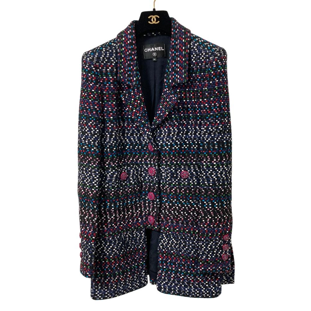 CHANEL CC Logo Button Multi Tweed Jacket P55917 Navy Multicolor Size 36