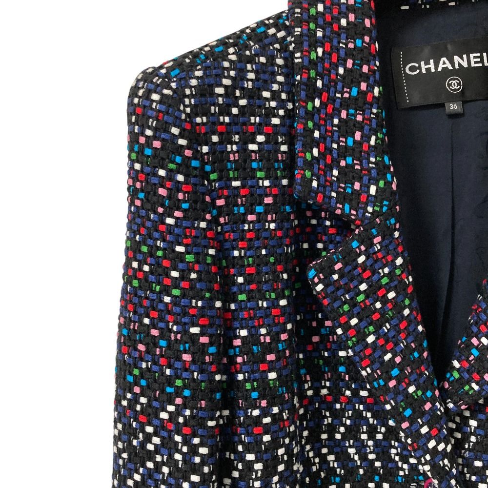 CHANEL CC Logo Button Multi Tweed Jacket P55917 Navy Multicolor Size 36