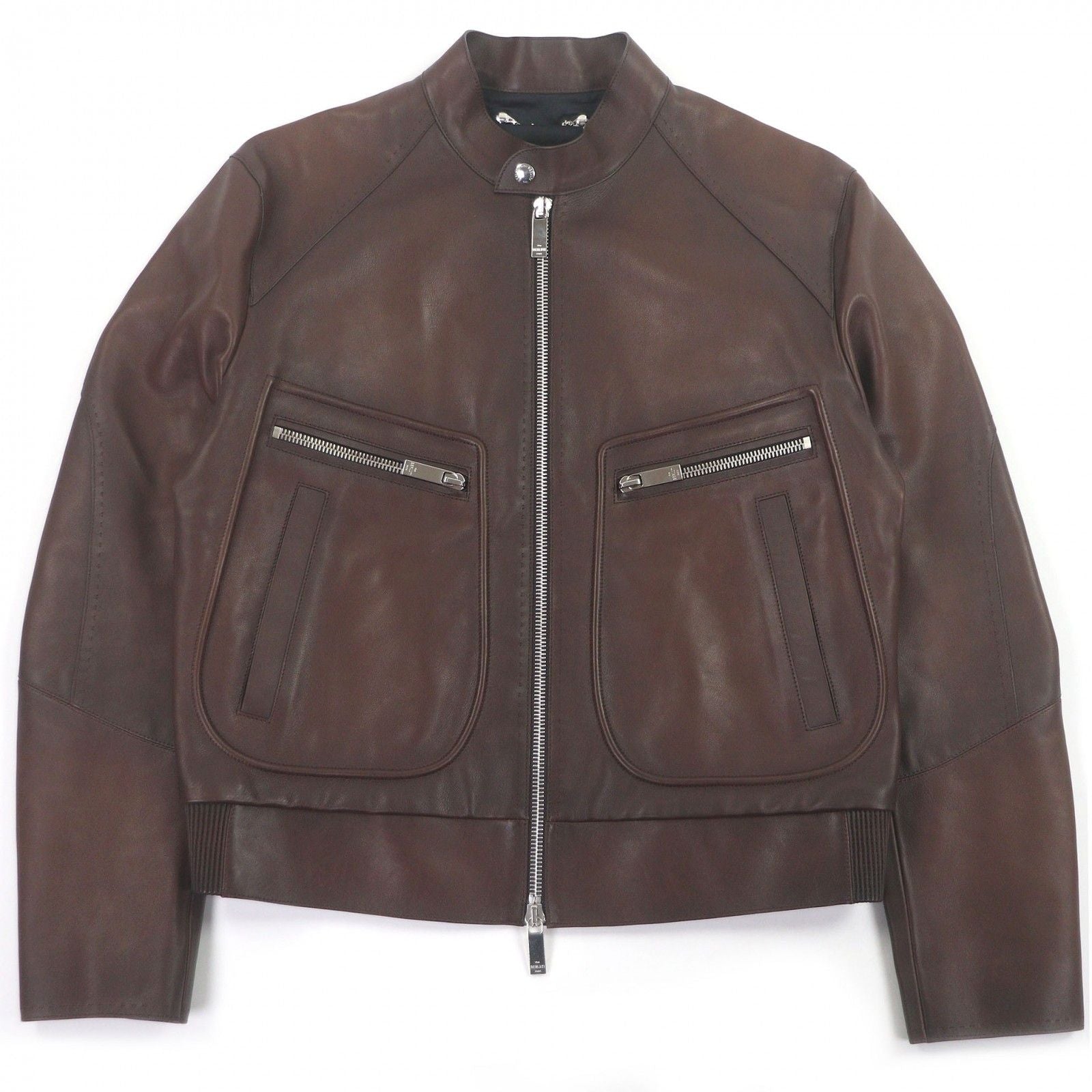 BERLUTI Patine Calligraphy Lining Biker Leather Jacket Brown 46