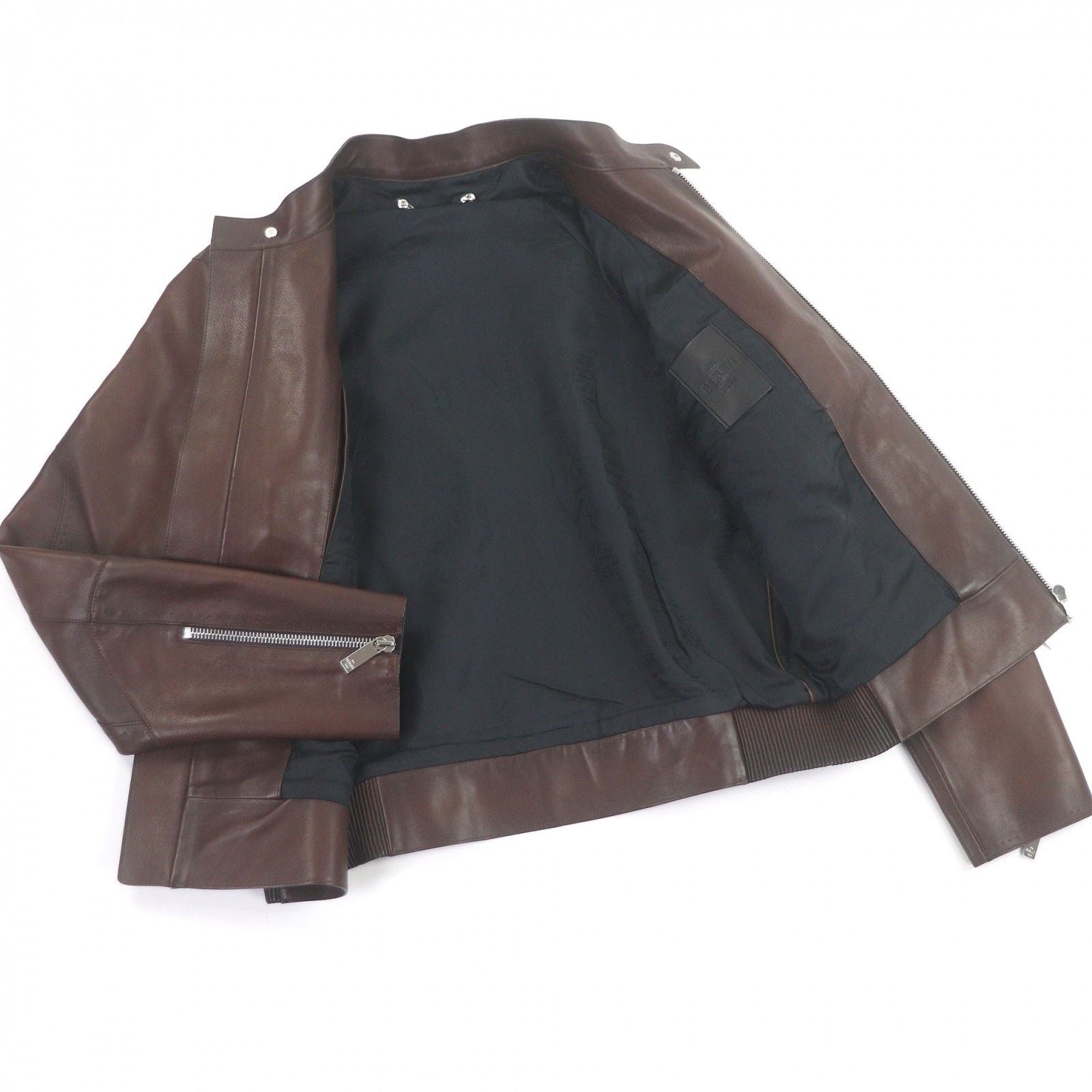 BERLUTI Patine Calligraphy Lining Biker Leather Jacket Brown 46