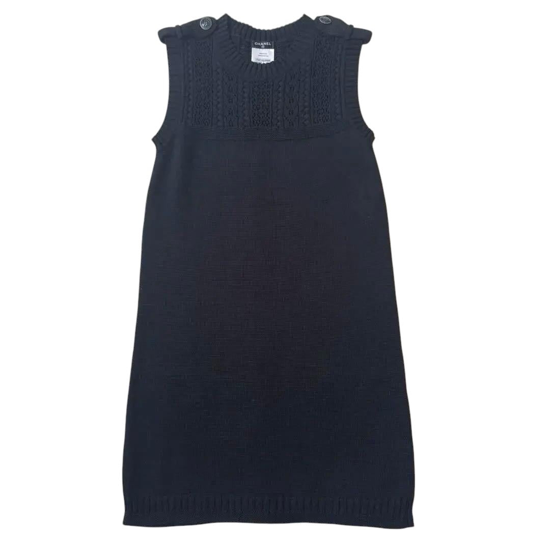 CHANEL Knit Cotton Dress — Black, CC Mark Silver Buttons, Size 34