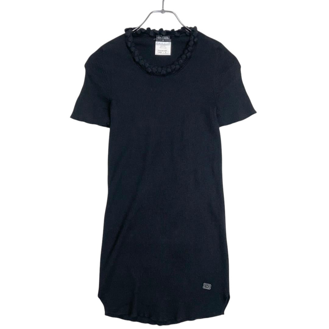 CHANEL Short Sleeve Cashmere Knit Tunic — Black, CC Mark, Size 40