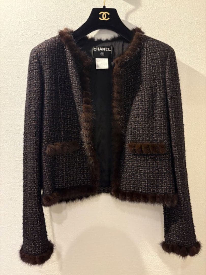 CHANEL Mink Fur Trim Collarless Jacket Size 38