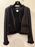 CHANEL Mink Fur Trim Collarless Jacket Size 38